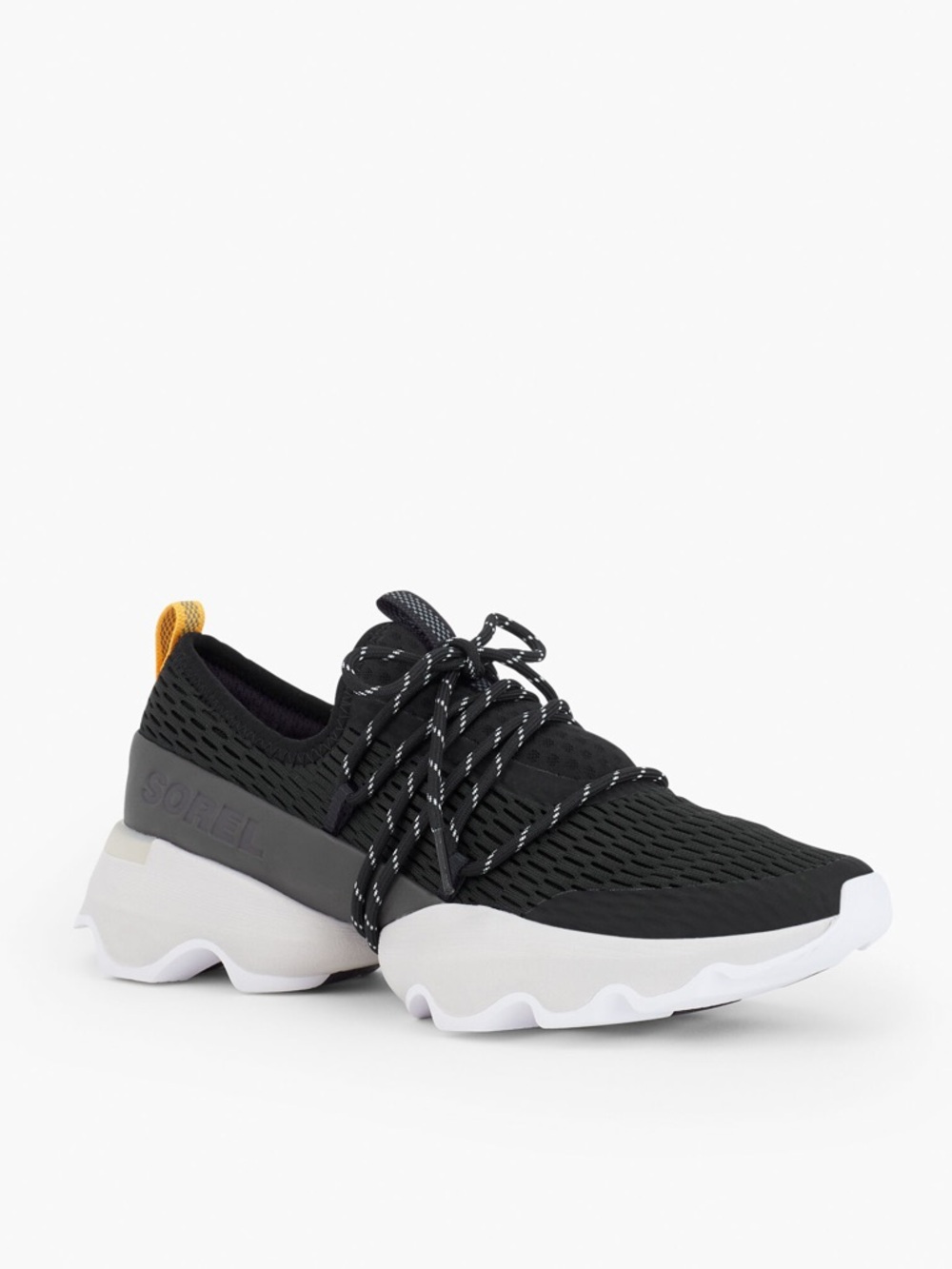 Sorel Black and White Knit Lace-Up Platform Sneaker with Yellow Pull Tab